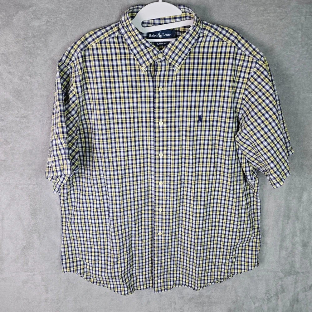 Polo Ralph Lauren Men XL Classic Fit Short Sleeve Plaid Button Down Shirt Yellow